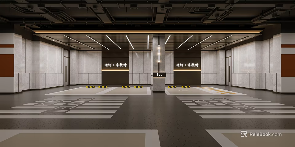 Tidy Underground Parking Lot Featuring Central Booth Floor Markings Yellow White Lines and Ceiling Lights 3d model 