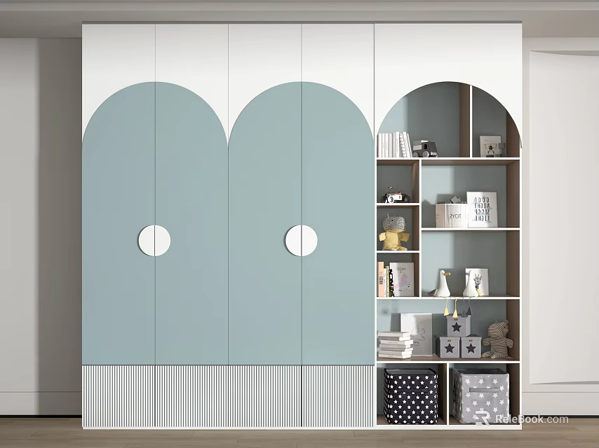 Elegant Modern Wardrobe With Light Blue Arched Doors Round Handles And Storage Shelves 3d model 