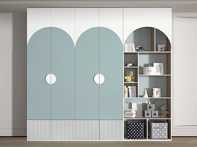 Elegant Modern Wardrobe With Light Blue Arched Doors Round Handles And Storage Shelves 3d model