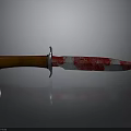 Knife with brown handle and red white striped blade on gray background with reflection