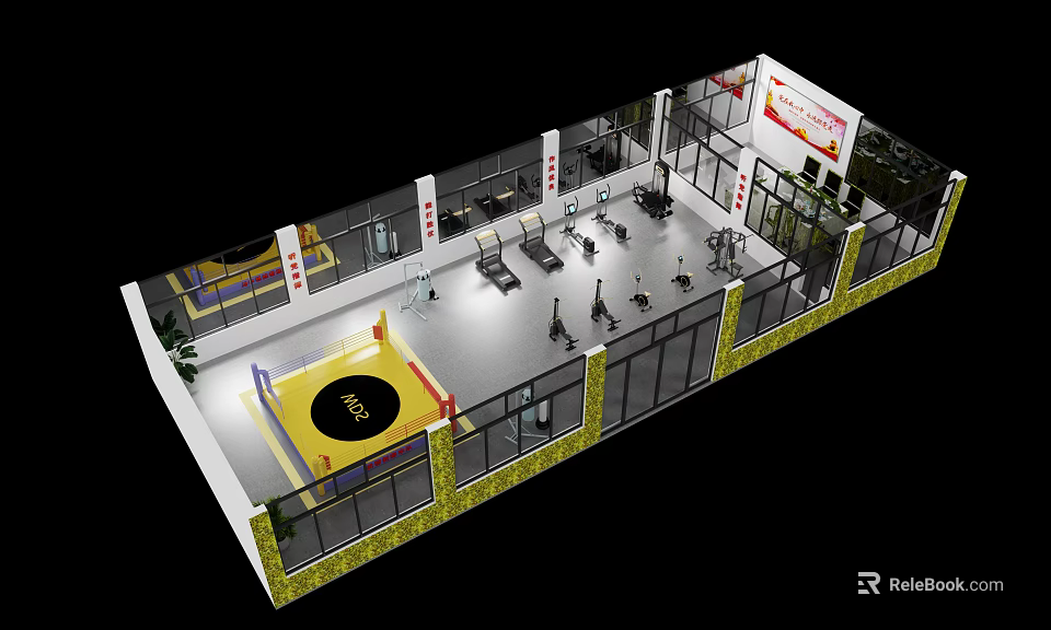 Fitness Gym Sports Center Interior Featuring Boxing Ring Exercise Equipment And Glass Walls 3d model 
