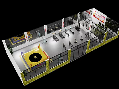 Fitness Gym Sports Center Interior Featuring Boxing Ring Exercise Equipment And Glass Walls 3d model