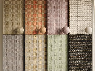 Various Colored Woven Fabrics With Checkered Striped Textures And Spherical Decorations 3d model