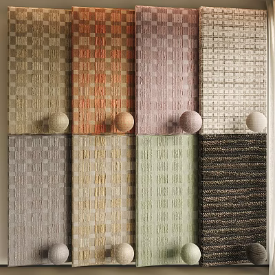 Various Colored Woven Fabrics With Checkered Striped Textures And Spherical Decorations 3d model