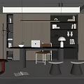 Modern Study Room Design With Dark Bookshelves Large Desk Laptop Red Chair And Black Stools