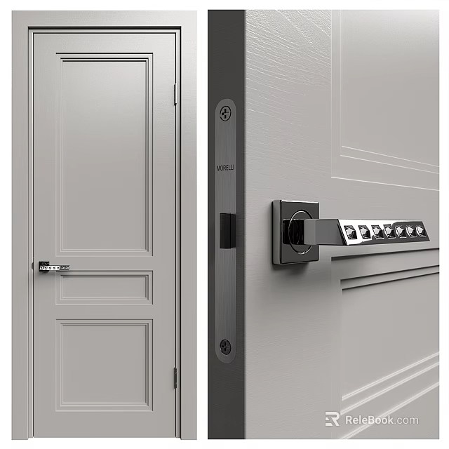 Modern Interior Swing Door With Panel Design And Secure Metal Lock System 3d model 