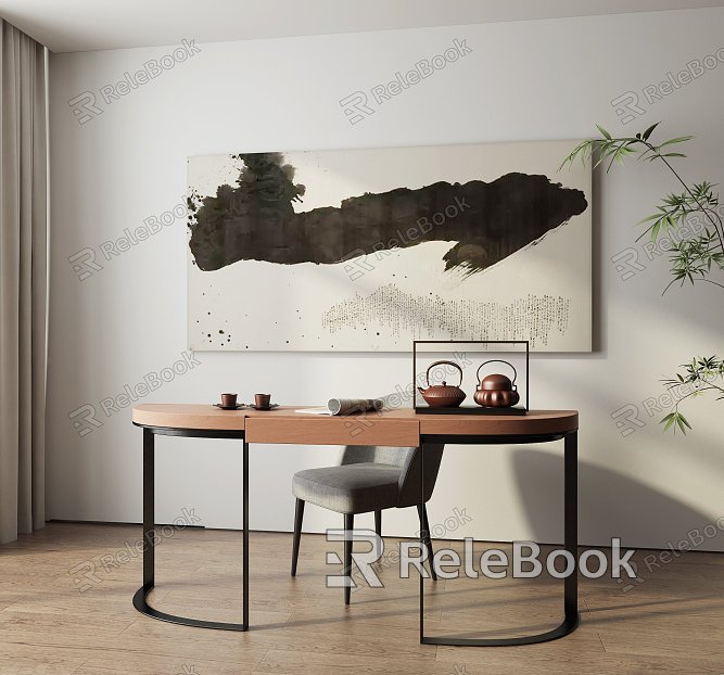 New Chinese Style Study Study Desk and Chair Combination Chinese Style Black and White Background Wall Decorative Painting model