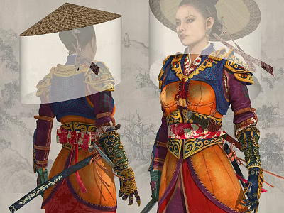 Fantasy Warrior Character In Traditional Asian Armor With Sword 3d model