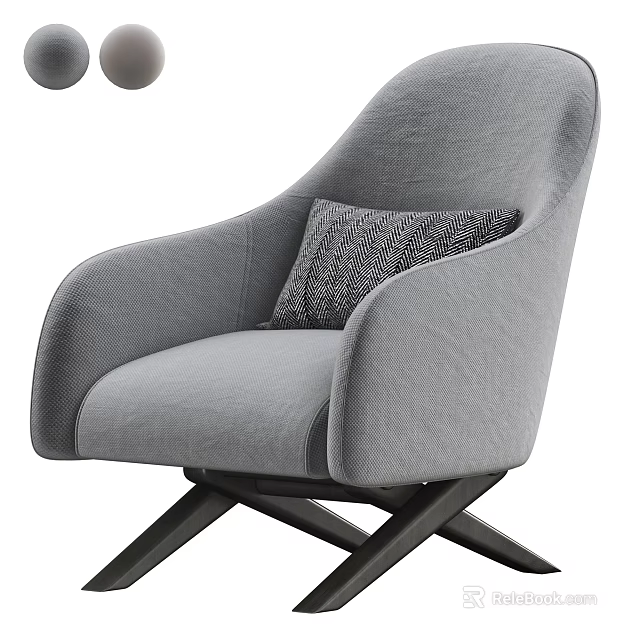 Modern Gray Fabric Single Sofa With Textured Pillow And Cross Wooden Legs 3d model 