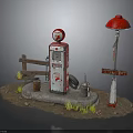 Vintage Gas Station Scene With Retro Pump Red Street Lamp And Wooden Fence