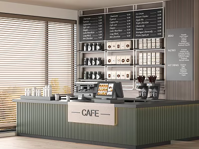Modern Cafe Interior With Counter Menu Board Coffee Beans And Display Shelves 3d model