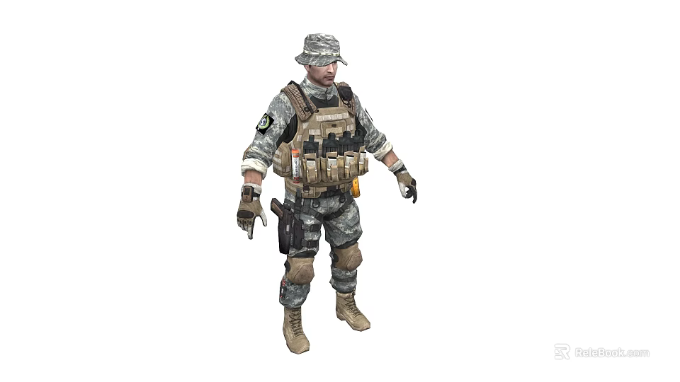 Man As Soldier In Military Uniform With Helmet Tactical Vest Gloves Boots Standing Pose 3d model 