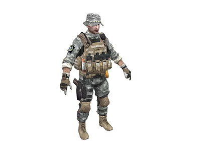 Man As Soldier In Military Uniform With Helmet Tactical Vest Gloves Boots Standing Pose 3d model