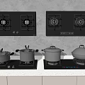 Modern Kitchen Countertop With Gas Stoves Cooktops And Cooking Pots Pans Appliances