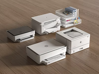 Modern White Office Appliances Including Printers Scanners And Desktop Storage Box With Stationery 3d model