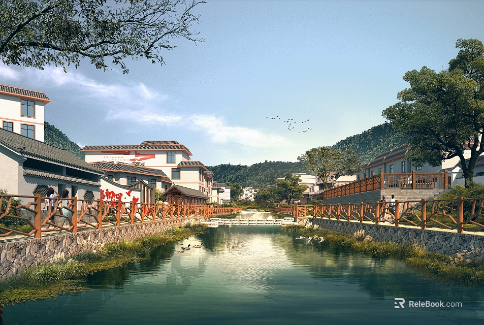 Tranquil Waterfront Landscape With Wooden Railings Traditional Buildings Creek Trees Distant Mountains And Flying Birds 3d model 