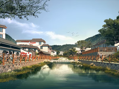 Tranquil Waterfront Landscape With Wooden Railings Traditional Buildings Creek Trees Distant Mountains And Flying Birds 3d model