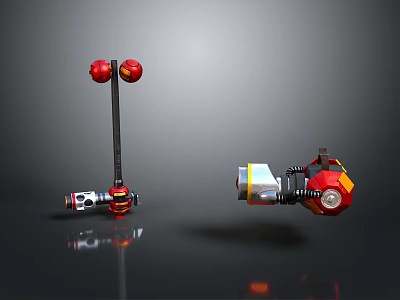 Mechanical Weapon Models With Red Spherical Components Black Poles And Metallic Bases 3d model