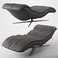 Brown Leather Recliner Chair with Curved Padded Backrest and Ottoman on Metal Base