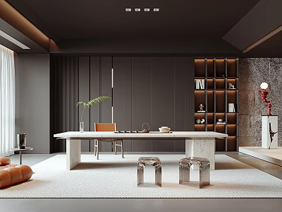 Modern Tea Room Interior Design With Wooden Furniture Tea Sets And Cozy Seats 3d model