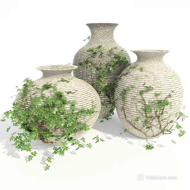 Three Light Colored Woven Vases With Green Vines For Indoor Decoration 3d model 