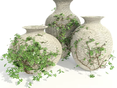 Three Light Colored Woven Vases With Green Vines For Indoor Decoration 3d model