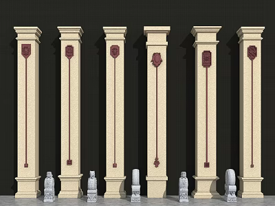 Decorative Beige Columns With Red Carvings And Stone Pedestals Against Dark Background 3d model