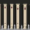 Decorative Beige Columns With Red Carvings And Stone Pedestals Against Dark Background