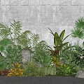 Diverse Lush Plant Combination With Green Foliage Stones And Gray Stone Wall