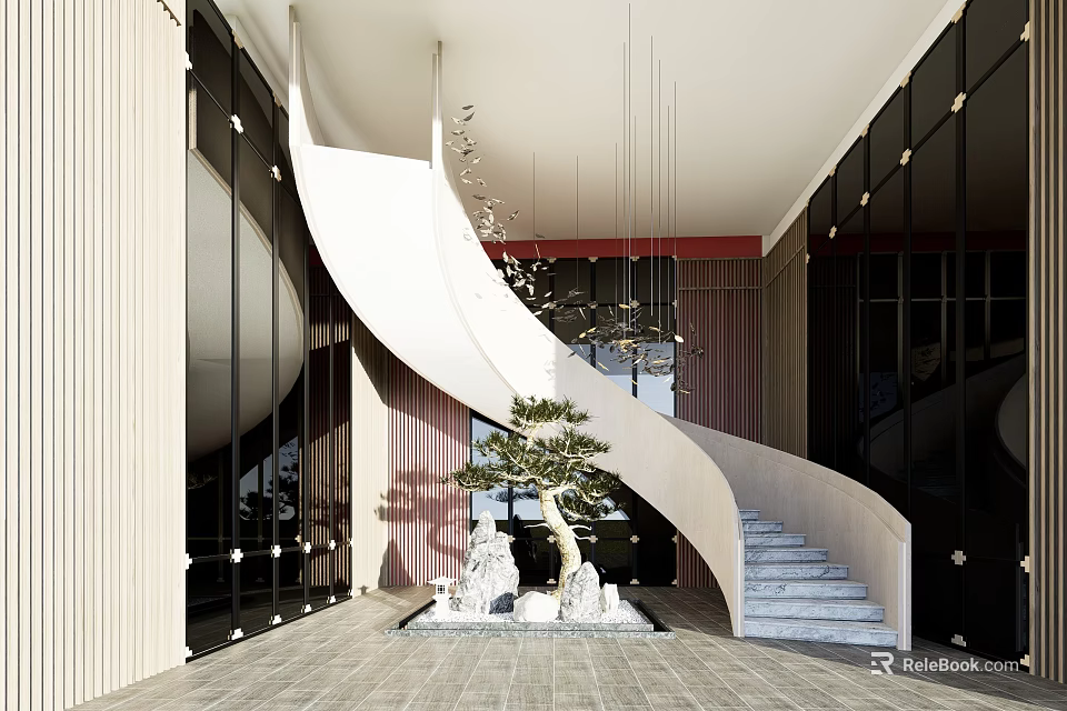 Spiral Staircase in Modern Interior with Glass Walls Tile Floor and Pendant Lights 3d model 