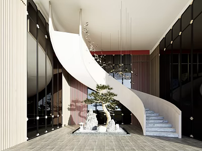 Spiral Staircase in Modern Interior with Glass Walls Tile Floor and Pendant Lights 3d model