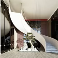 Spiral Staircase in Modern Interior with Glass Walls Tile Floor and Pendant Lights