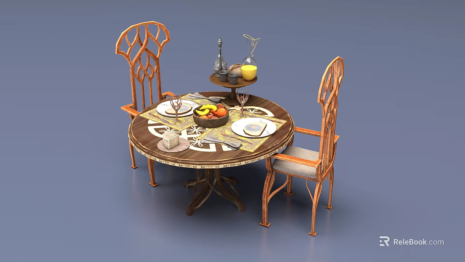 Classic Circular Dining Table Set With Two Carved Chairs And Fruit Bowl Tableware 3d model 