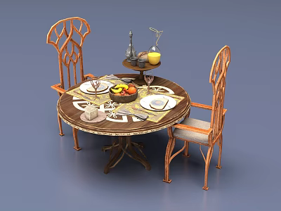 Classic Circular Dining Table Set With Two Carved Chairs And Fruit Bowl Tableware 3d model