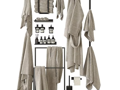 Organized Bathroom Wash Essentials Soft Towels Toiletries for Daily Use on Metal Rack 3d model