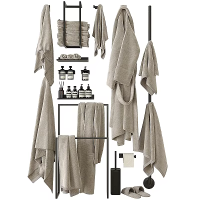 Organized Bathroom Wash Essentials Soft Towels Toiletries for Daily Use on Metal Rack 3d model