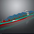 Large Container Ship On Water With Blue Containers And Green Red Hull