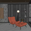 Stylish Peach Velvet Accent Chair With Small Round Side Table Floor Lamp And Dark Textured Wall