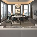 Elegant Private Box Interior With Sofa Dining Table Chandelier And City View Through Windows 3d model