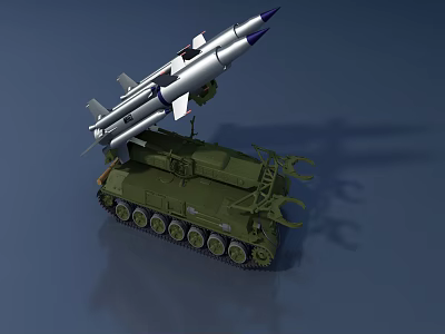 Green Military Tank With Silver Missiles Blue Tips And Tracked Design On Dark Reflective Surface 3d model