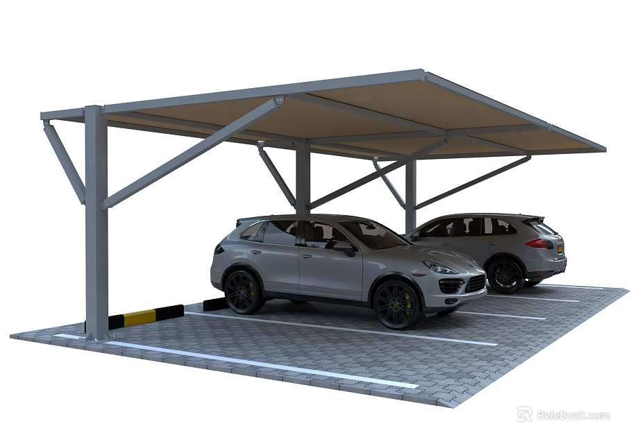 Modern Carport With Metal Support Pillars And Two Vehicles Parked Under Canopy Roof 3d model 