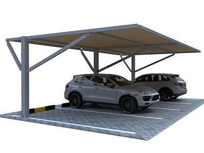 Modern Carport With Metal Support Pillars And Two Vehicles Parked Under Canopy Roof 3d model