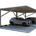 Modern Carport With Metal Support Pillars And Two Vehicles Parked Under Canopy Roof
