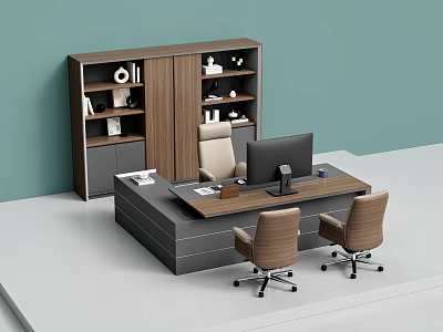 Modern Office Desk With Two Office Chairs And Wooden Storage Cabinet Featuring Decorative Items 3d model