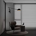 Beige Accent Chair With Black Legs Side Table And Floor Lamp By Window Blinds