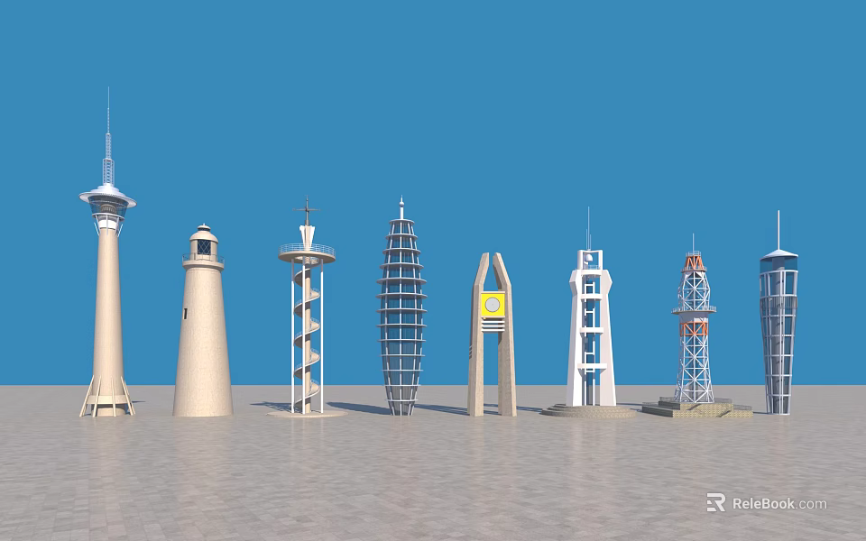 Various Tower Structures Displayed With Different Designs Under Blue Sky on Light Ground 3d model 