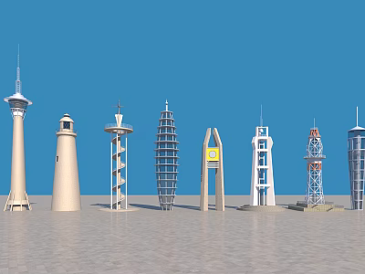 Various Tower Structures Displayed With Different Designs Under Blue Sky on Light Ground 3d model
