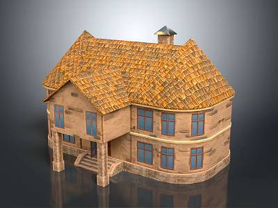 Cartoon Style House 3D Model With Brown Tile Roof Stone Walls Windows Porch And Chimney 3d model