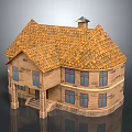 Cartoon Style House 3D Model With Brown Tile Roof Stone Walls Windows Porch And Chimney