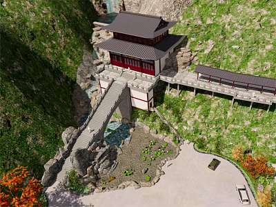 Ancient Architecture on Mountain Slope With Traditional Roof Stone Bridge and Flowing Stream 3d model